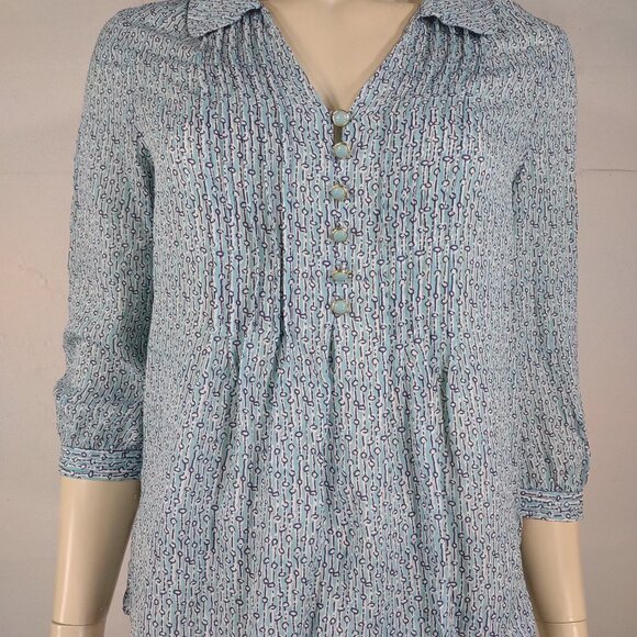 Lilly Pulitzer teal green blue 100% Silk pin tuck geometric blouse size 2 - Picture 1 of 8